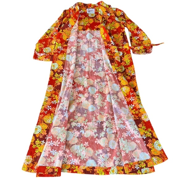 Vintage Hawaiian Barkcloth Floral Ruffle Robe Mod Dayglow Retro Neon Small READ - Picture 6 of 16